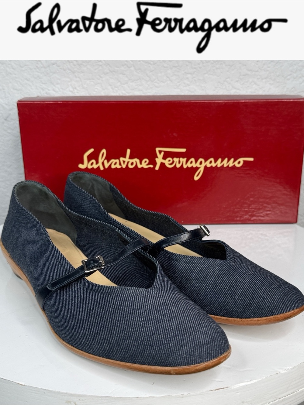VINTAGE SALVATORE FERRAGAMO AUDREY DENIM MARY JANE FLATS LEATHER TRIM SIZE 10